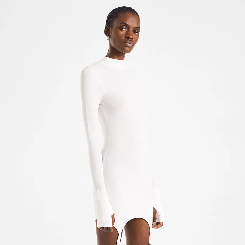 

2020 Sexy Women Dress With Stockings Buckle Pacthwork Dress Club Streetwear Long Sleeve Solid Bodycon Pencil Dresses