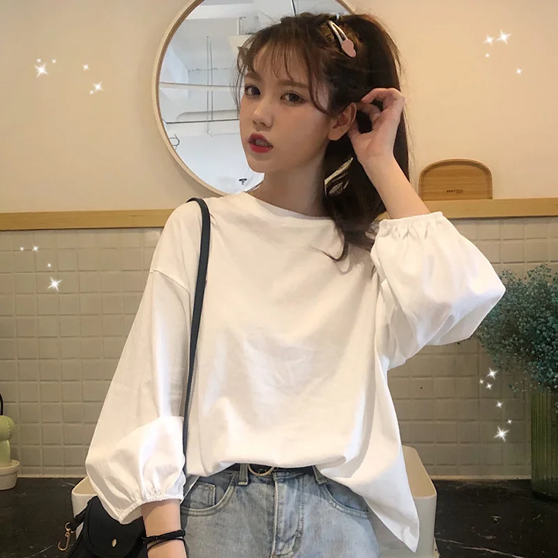

Cotton T Shirt Women 2021 Spring Autumn Long Sleeve Korean Streetwear Basic Female Tshirt Harajuku Plus Size Girls Tops PD021