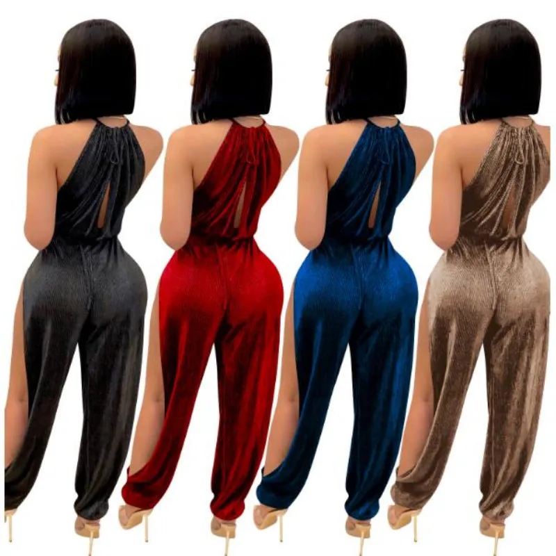

Women Hollow Out Club Jumpsuits 2021 Spring Summer Solid Sexy Sleeveless Halter Party Rompers