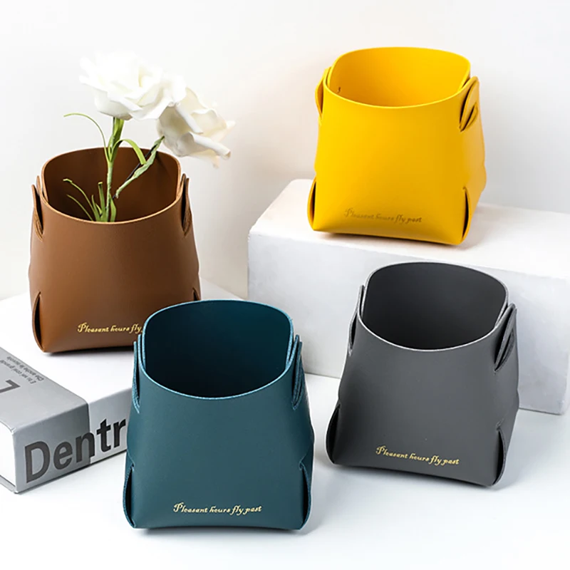 

Leather Folding Square Dice Storage Basket Portable Sundries Storage Basket for Keys Cosmetic Storage - B