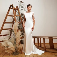 sexy satin mermaid wedding dress with illusion long sleeves floor length bridal button back white vestido de novia fiesta 2022