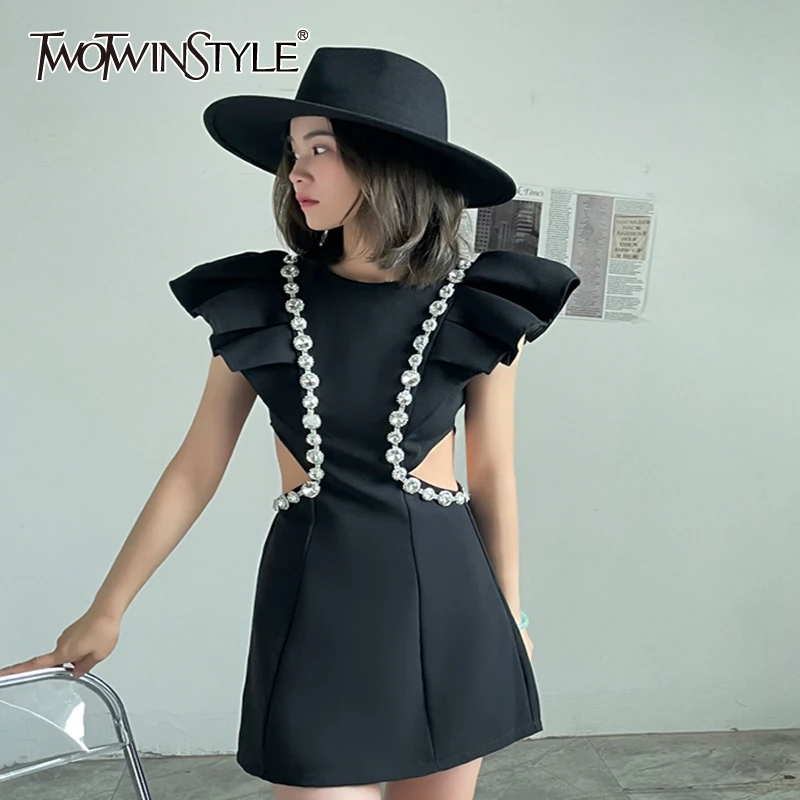 TWOTWINSTYLE Sexy Black Ruffle Dress For Women O Neck Sleeveless High Waist Hollow Out Patchwork Diamond Mini Dresses Female New