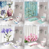 Beautiful Flowers Shower Curtain Set Bath Mats Rugs Bird Flower Plant Toilet Cover Non-Slip Carpet Bathroom Curtains with Hooks