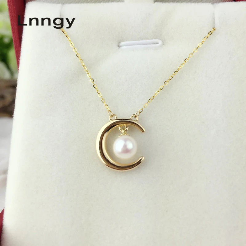 

Ожерелье из желтого золота 18 К, с натуральным культивированным пресноводным жемчугом и луной, свадебная цепочка для женщин 5,5-6 мм