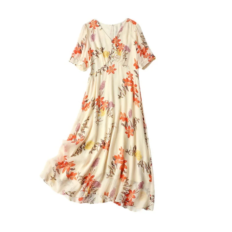 

100% Mulberry Silk Dress New Summer Women's 2021 Temperament V-neck Ol Short Sleeve Printed Silk Dress