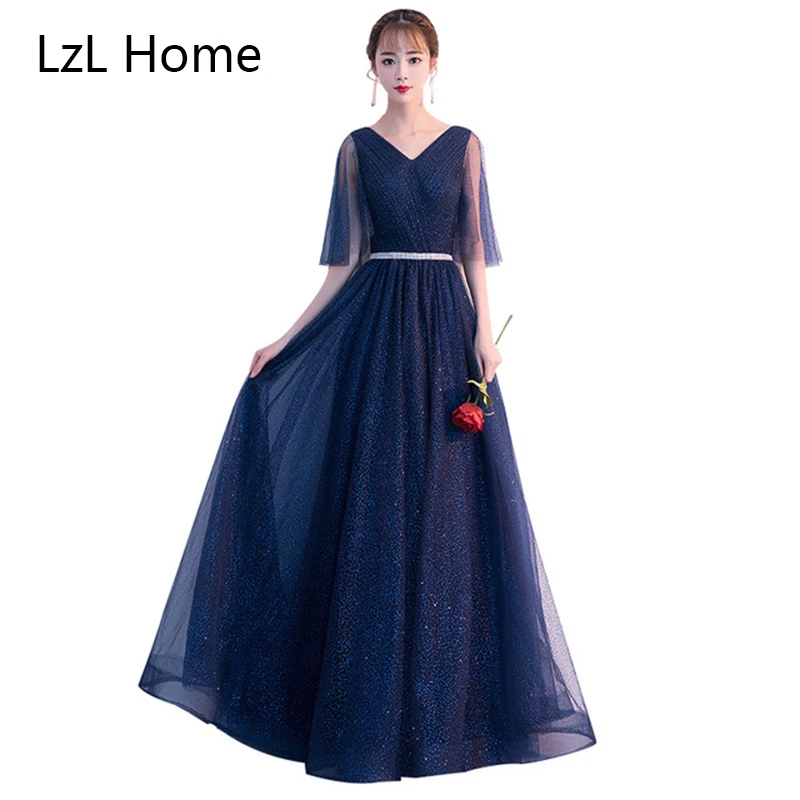

LZL Home Elegant A-line evening dress V-neck starry ball evening dress Burgundy / navy blue tulle special occasion gown