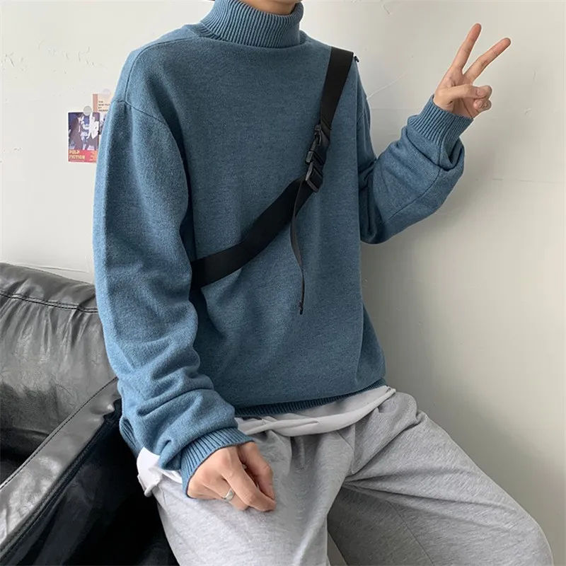 

Blue Men Turtleneck Thicken Sweater Warm Knitted Casual Knit Clothing Maglioni Uomo Inverno Loose Fashion Sweater BD50TS