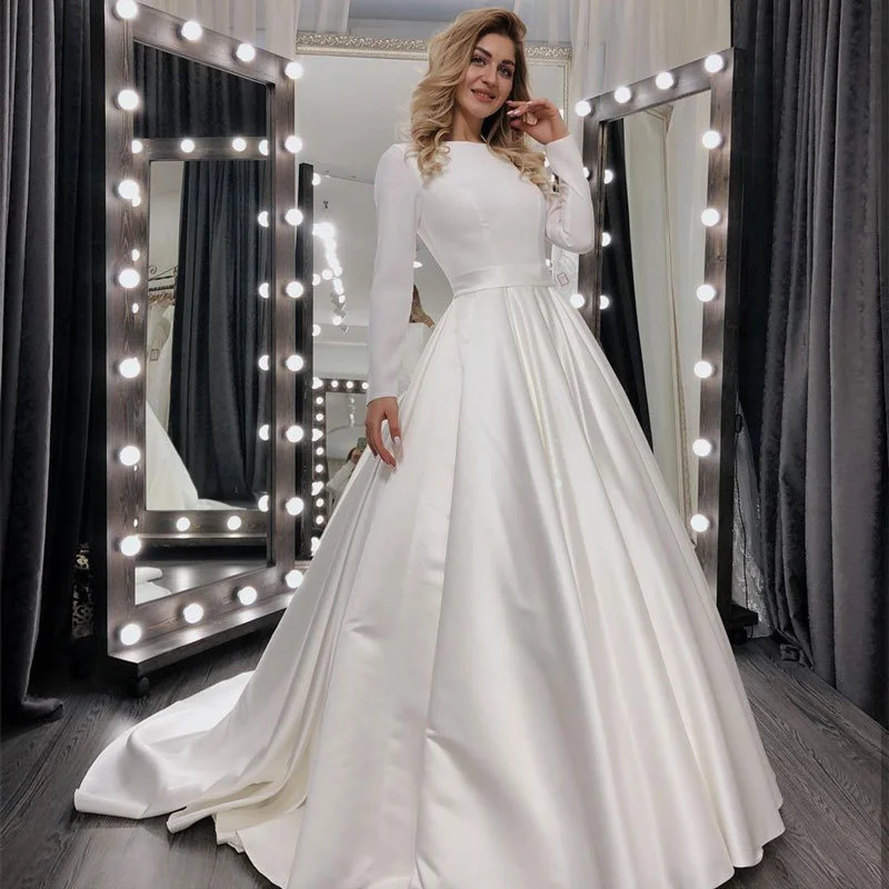 

2021 New Temperament Wedding Dress Muslim Long-sleeved Simple Round Neck Wedding Dress Elegant Mopping Wedding Dress