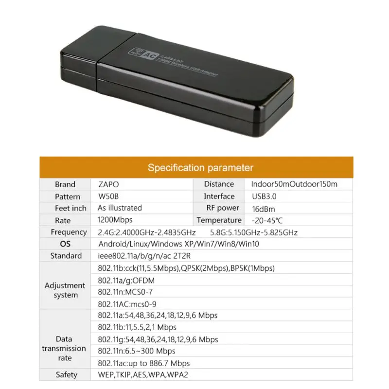 

Mini 2.4G/5.8G Dual Band WIFI USB 3.0 1200Mbps LAN Wireless Adapter Receiver Network Card Built in Antenna for Windows Linux