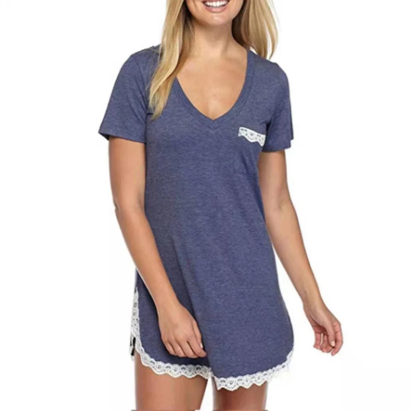 

Women's Nightdress Sexy Pajamas Cotton Night Dress Women Solid Color Lace Stitching V Neck Short Sleeve Lingerie Home Clothing