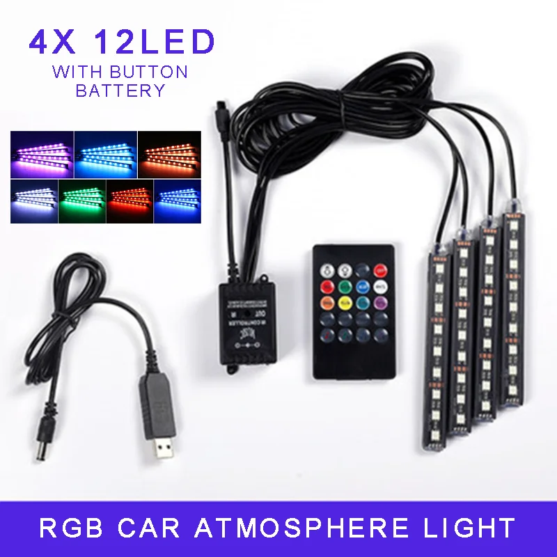 

Светодиодная ленсветильник RGB для салона автомобиля, универсальные лампы с дистанционным управлением, подходят для большинства автомобиле...