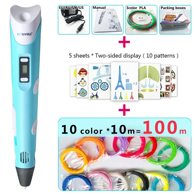 Blue pen Package 3 Myriwell 3d Ручка 3d ручки, светодиодный дисплей, ABS/PLA нити, подарки для детей зарядка через USB, 3 d Ручка 3d модели Smart 3d печать pen-3d Волшебное перо - Цвет: Blue pen Package 3