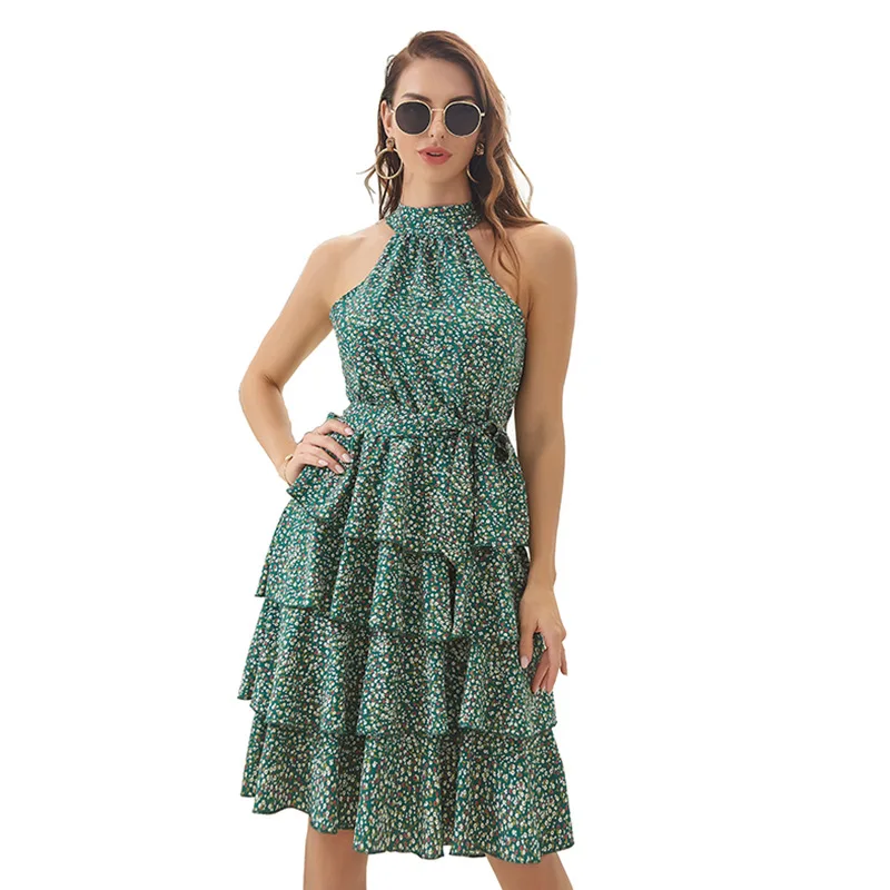 

Amazon cross border European and American Floral Lace cascade Ruffle hanging neck cake dress women's new summer 2020