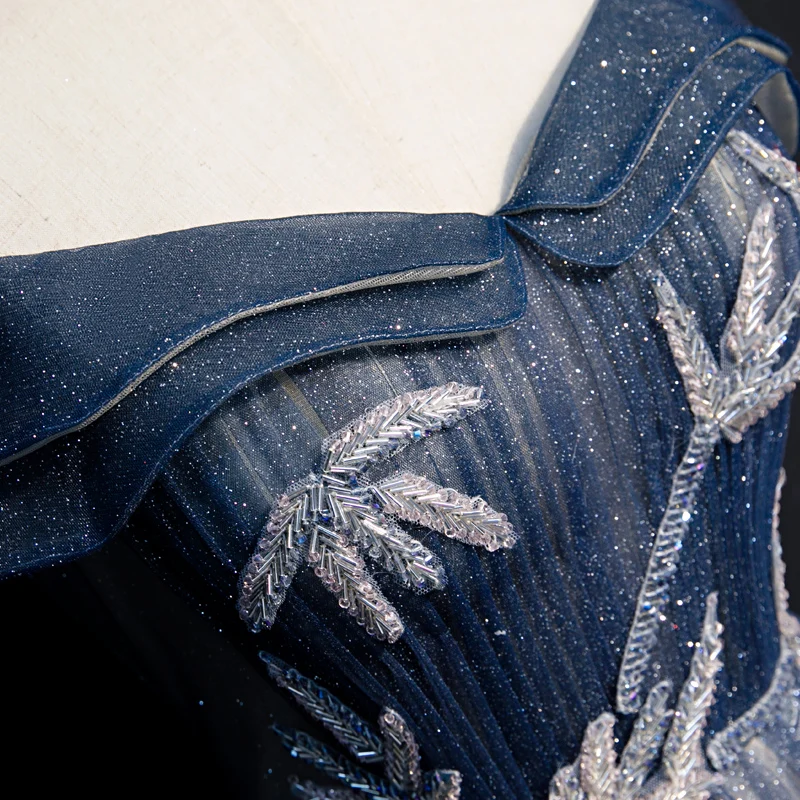 

Gown Beads Slash Neck Qipao Sequins Maxi Gown Off Shoulder Cheongsam Navy Blue Female Evening Party Dress Embroidery Mesh