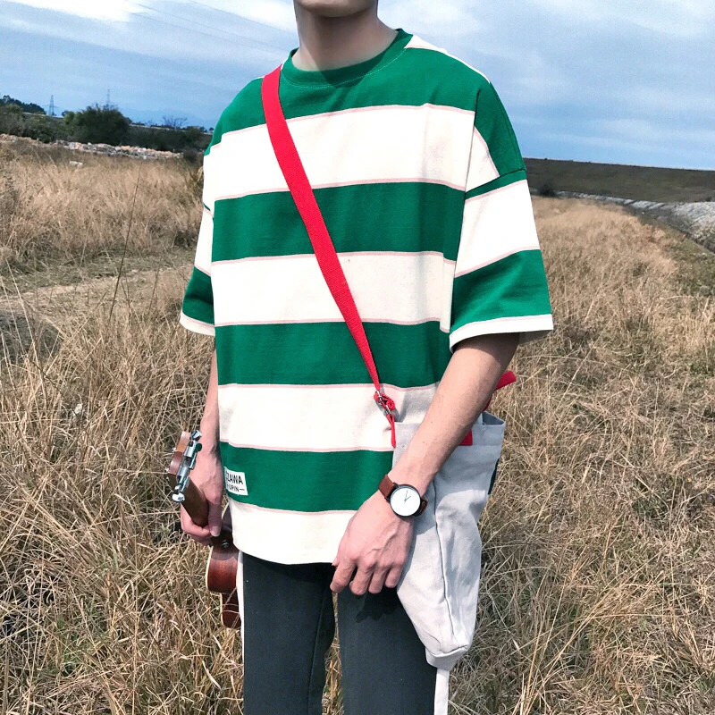 2020 Summer New Harajuku Korean Version Of The Ins Trend Loose Striped Printing Casual T-shirt Couple Models Cotton Large Size | Мужская