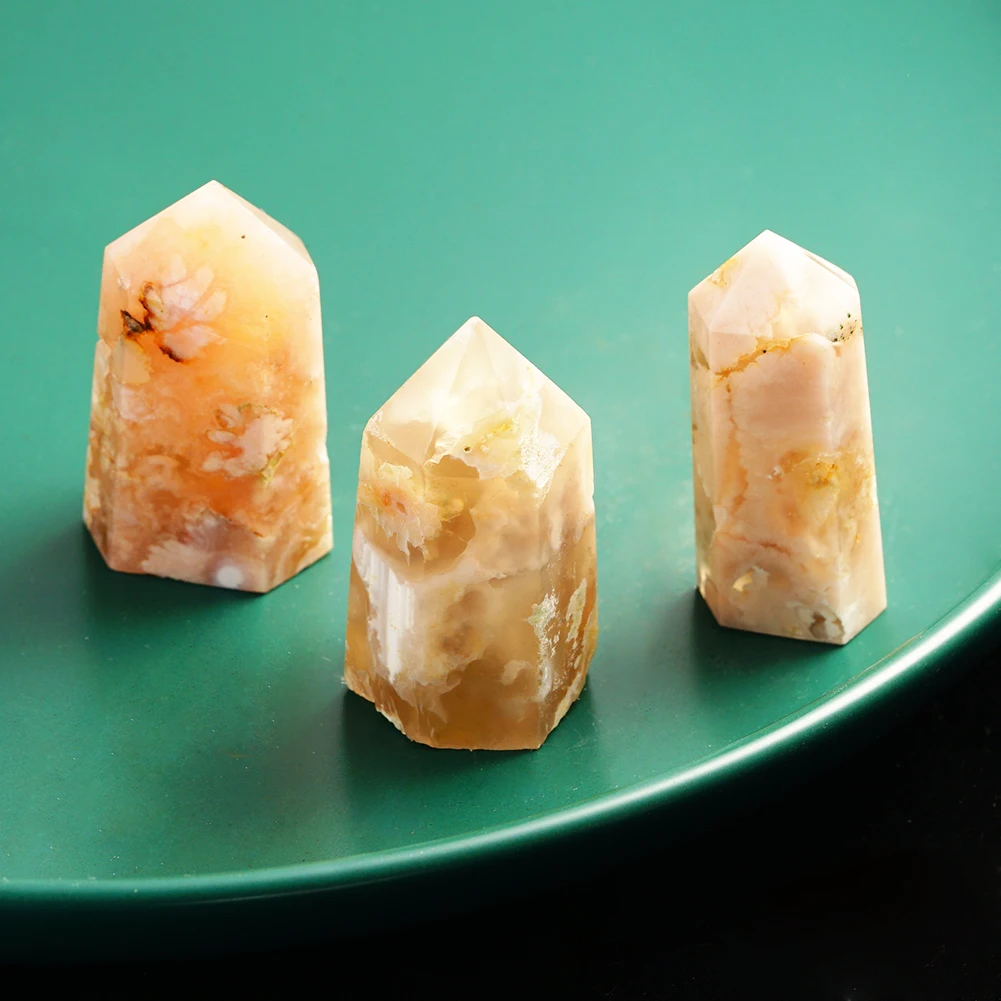 

Natural Crystal Quartz Point Healing Stone Blossom Agate Hexagonal Prisms 40-90mm Obelisk Wand Stone Tower Home Decor