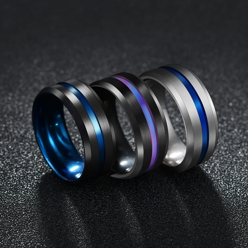 

Charm Matte Groove Blue Rings Women Men Polished Stainless Steel Rings Male Jewelry Wedding Band Ring Valentine Gift