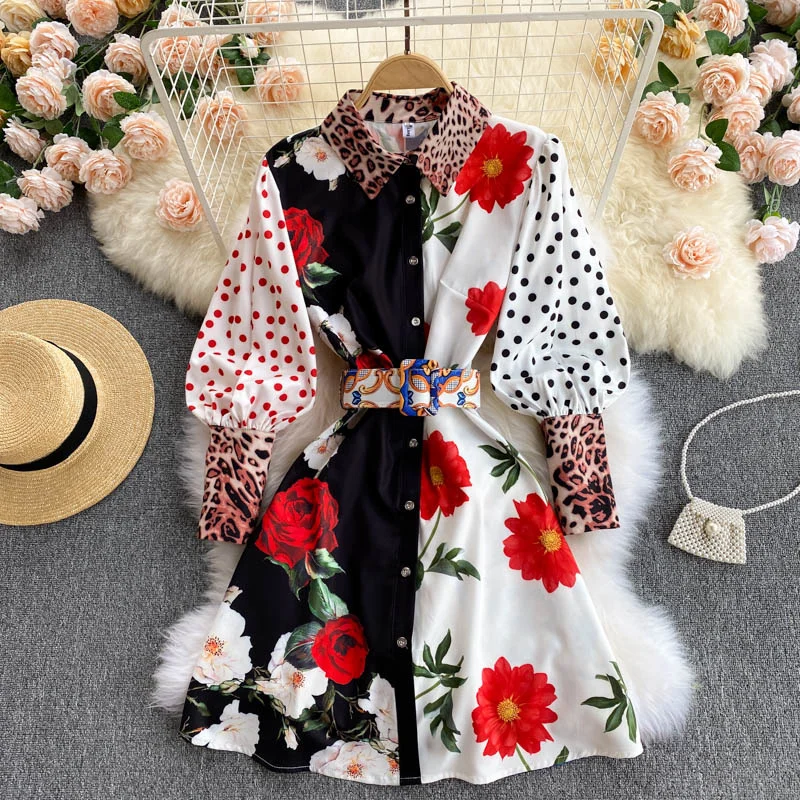 

European Women's Dress 2021 New Design Sense Of Color Matching Printing Polka Dot Puff Sleeve Slim Short Ladies Dress Vestidos