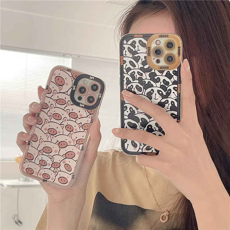 

New Phone Case For iPhone X XR XS Max 11 12 Pro Max 7 8 Plus 7P 8P SE 2020 TPU Couple Black Panda Pink Pig Phone Protect Cover