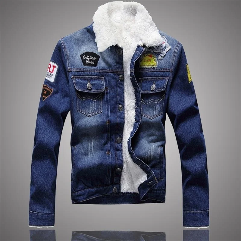 

Denim Jacket Men Winter Casual Warm Fur Lined Jean Coat Male Slim Fit Vintage Motorcyle Jackets Men Printed Streetwear Outwear