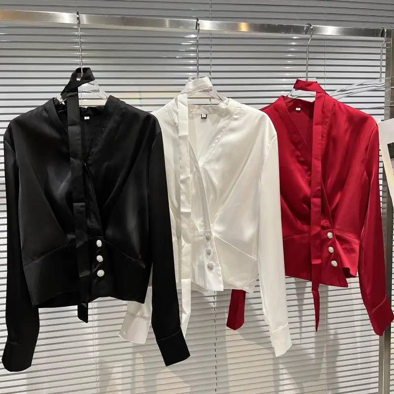 

HIGH STREET New Fashion 2022 Designer Blouse Shirt Women's V-Neck Hanging Neck Ribbon Drill Buckle Asymmetrical Shirt Top 4