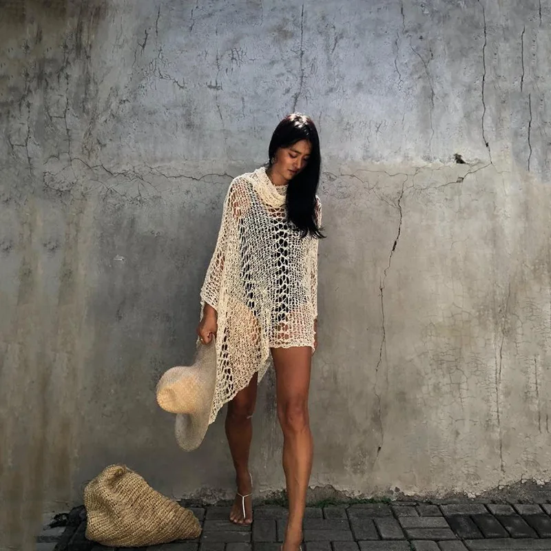 

2021 Knitted Beach Dress Beach Cover up Crochet Tunic Beach Pareo Beach Praia Cover Salida de Playa Beachwear Cover up A748