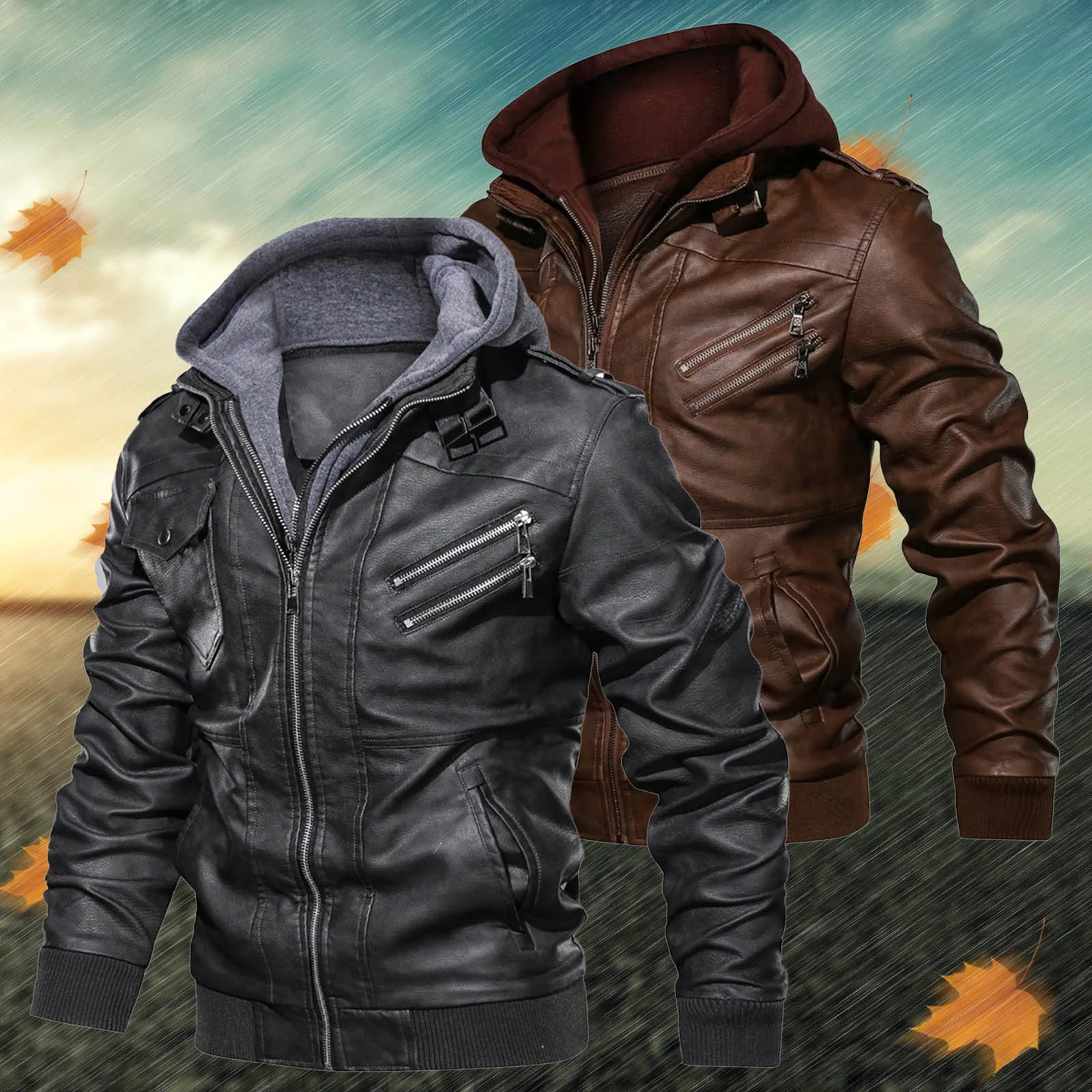 

Men Winter Jacket Leather Coat Solid Color Hooded Men Fashion Clothes 2021 Warm Motorcycle Vintage Leather Coat Zipper Hoodies