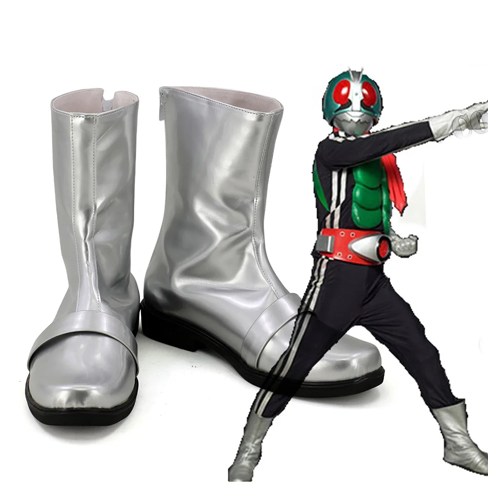 Серебристые ботинки для косплея Kamen Rider с двумя масками обувь на заказ |