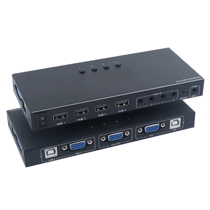 

KVM VGA Switch 4 Ports USB2.0 PC Sharing Hub Computer Switcher Digital Printer Monitors Share USB HUB Selector