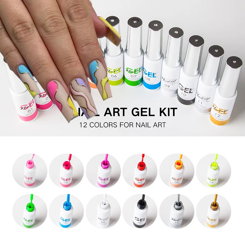 

8ML Nail Art Gel Polish Kit,12Bottle Neon Soak Off UV LED Gel Nail Polish,Drawing Varnish Pull Liner Gel Set Lacquer Nail Design