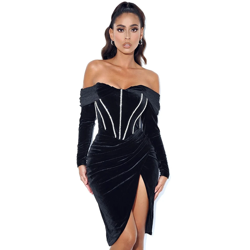 High Quality 2022 New Elegant Women's Diamond Bodycon Dress Sexy Strapless Backless Draped Long Sleeve Celebrity Party Dress
