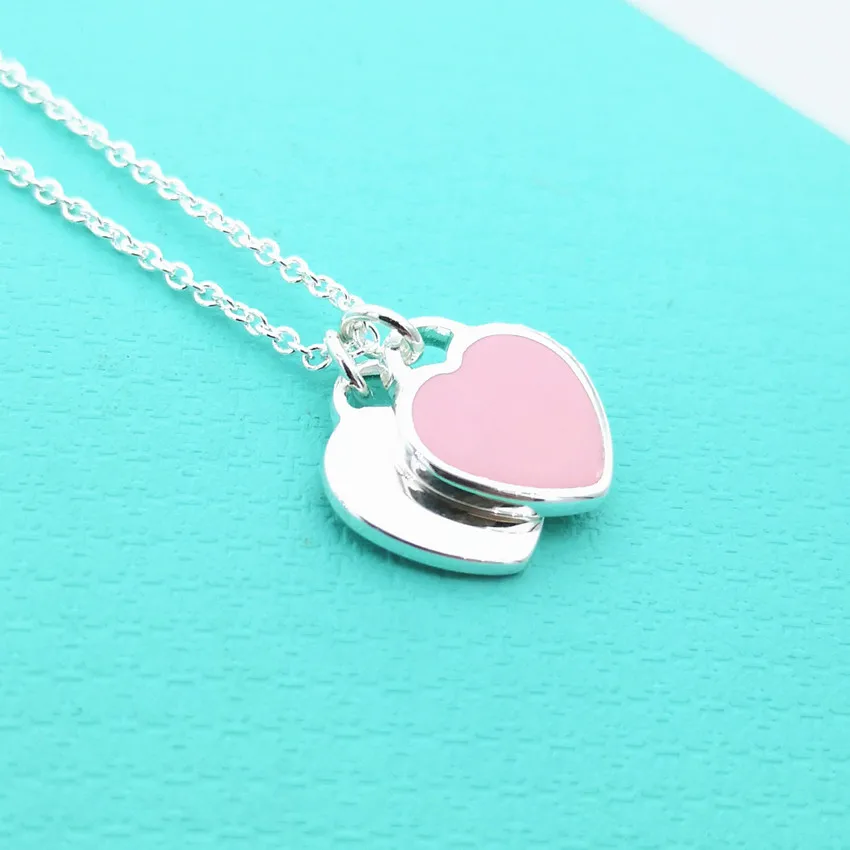 

Ms S925 pure silver blue, pink enamel double heart tags girl's necklace in Europe and the lady valentine's day gift