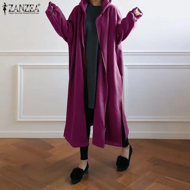 

Женские зимние толстовки ZANZEA, длинные пальто, осенняя толстовка, Повседневная Верхняя одежда с капюшоном и длинным рукавом, Свободные флисо...