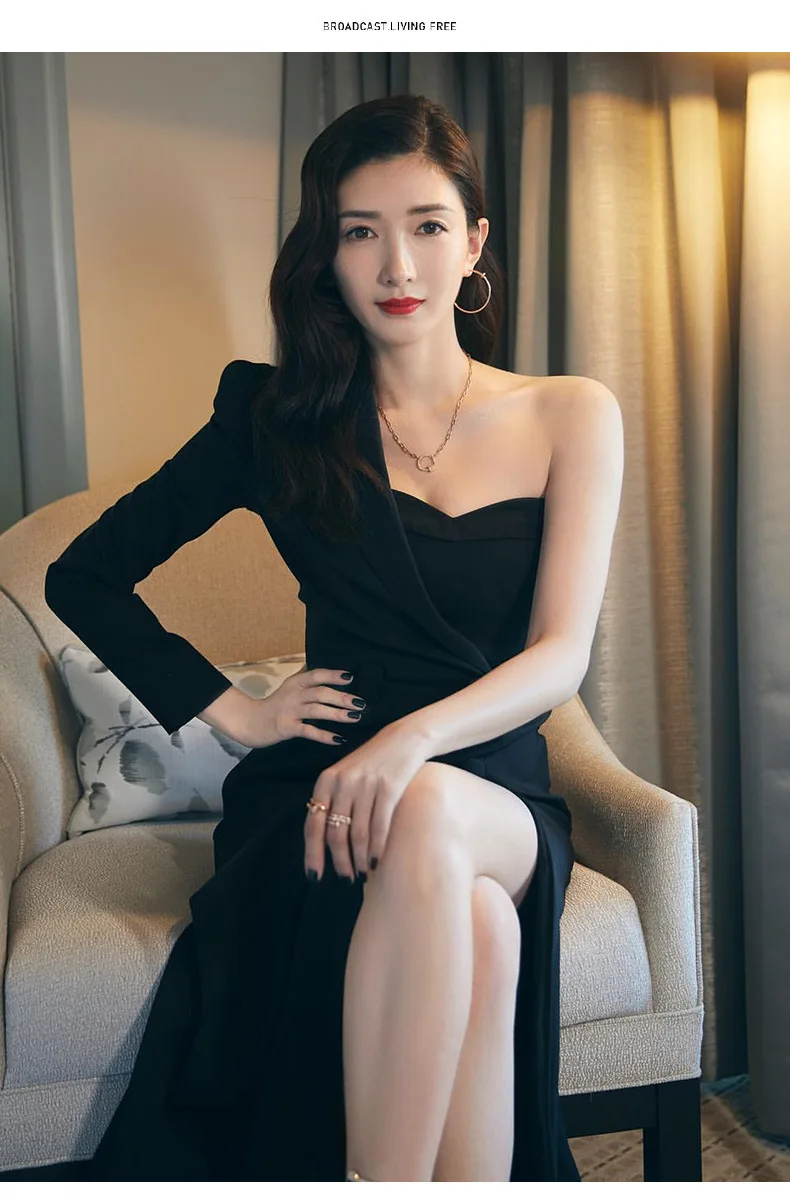 

Black evening dress women's 2021 new Jiang Shuying's one shoulder slim dress