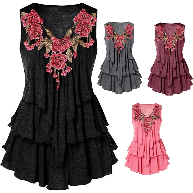 2019 Лето Плюс Размер майка Мода Женщины без рукавов v образным вырезом Роза