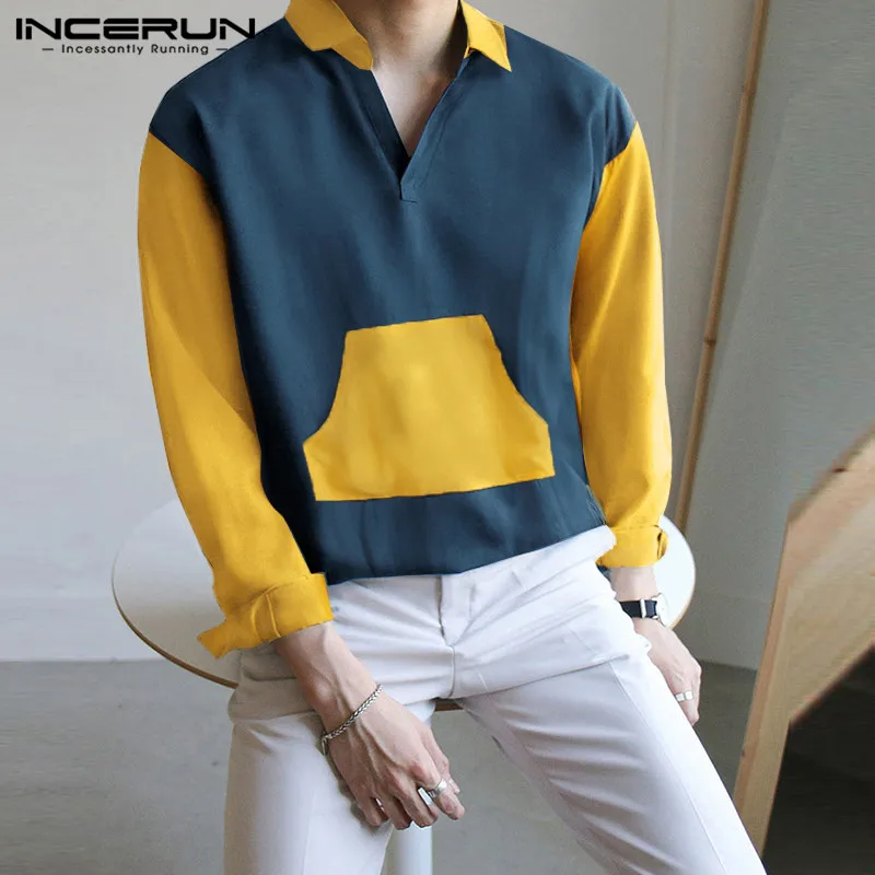 

INMen Shirt Patchwork 2021 Long Sleeve Streetwear V Neck Pockets Brand Blouse Vintage Chic Casual Camisa Masculina S-3XL INCERUN