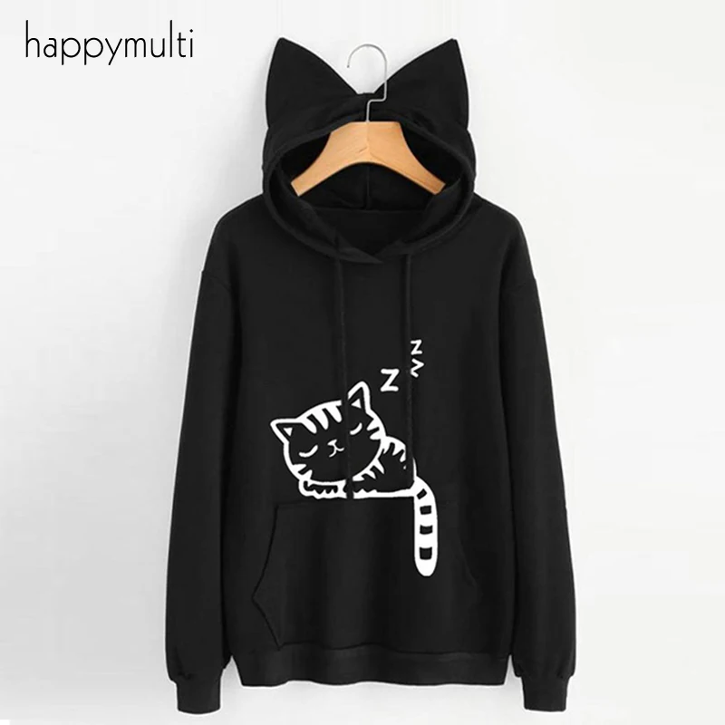 Осень-зима 2019 толстовка с капюшоном Happymulti одноцветная милый рисунок кошки