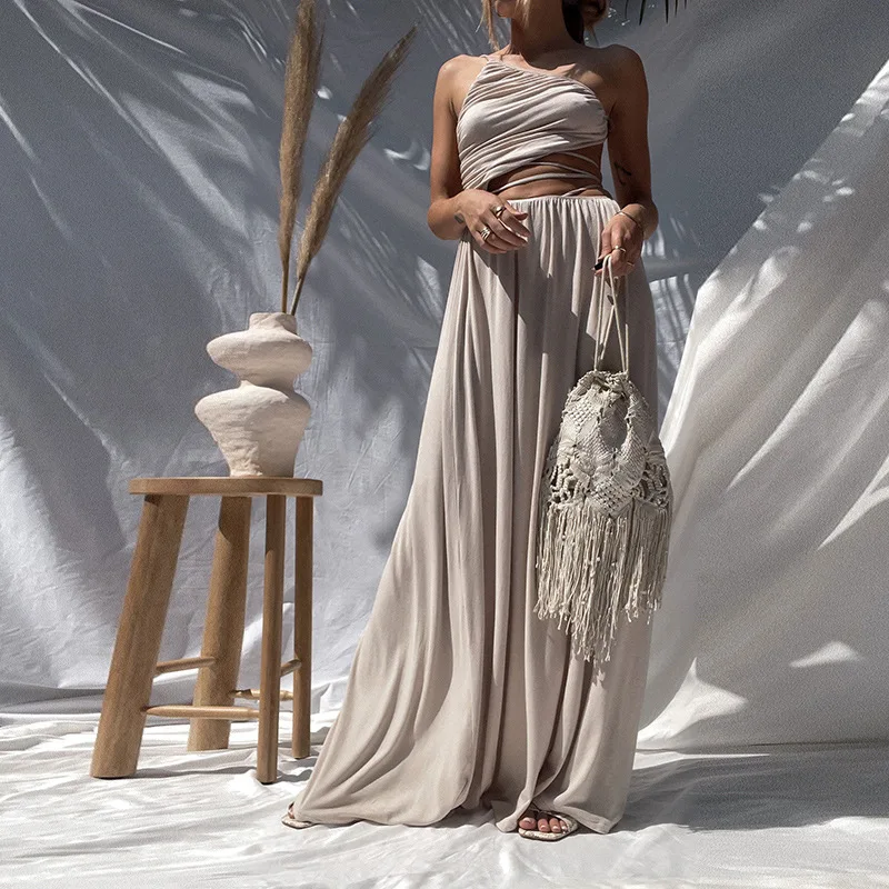 

One Shoulder Brown Elegant Lace Up Maxi Dresses Women Sexy Cut Out Backless Casual Party Beach Long Dress 2021 Summer Vacation