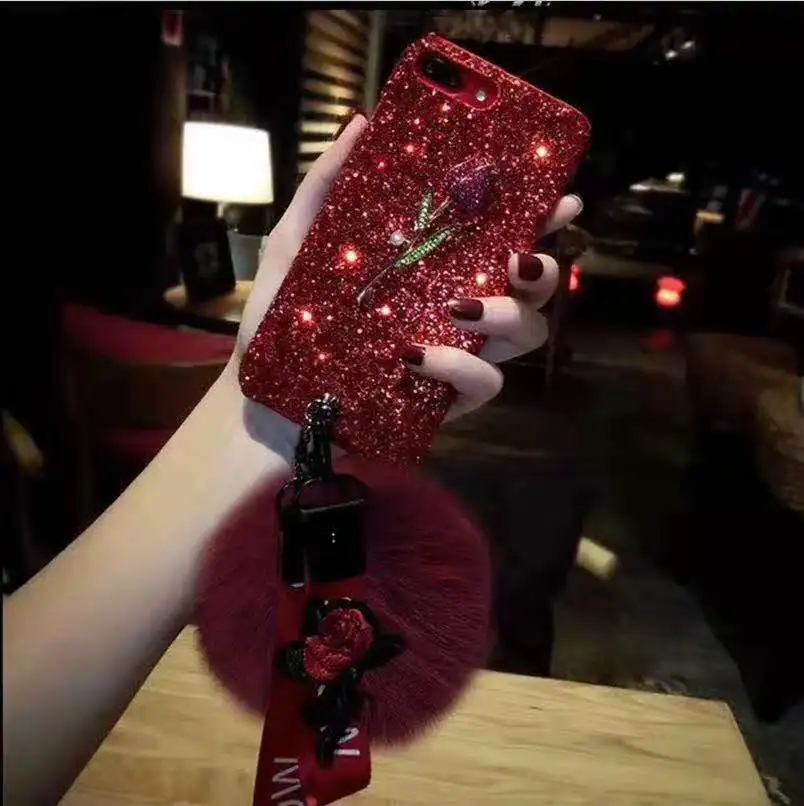 Bling с меховыми помпонами Блестящий Алмазный чехол для Samsung Galaxy Note 8 9 10 Plus S10 S9 S8 плюс