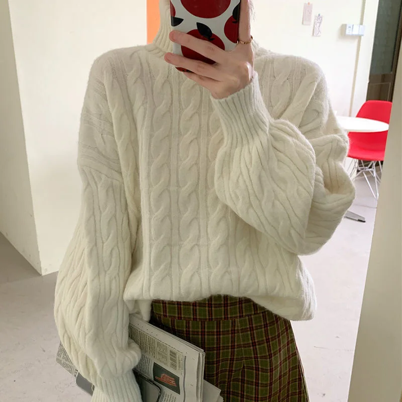 

Женский свитер, зимние теплые водолазки, повседневные свободные модные свитера оверсайз в Корейском стиле, вязаный пуловер, топ с пышными рукавами