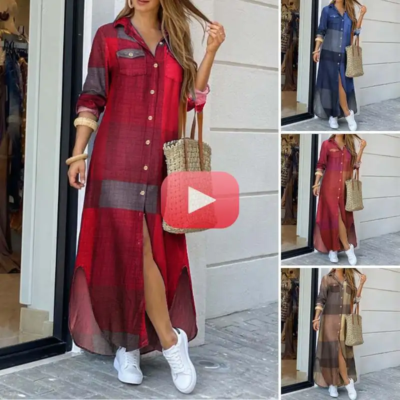 

Beach Dress Elegant Women Button Long Shirt Dress Summer Split Print Lapel Neck Party Dress Long Sleeve Checked Plaid Robe