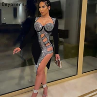 beyprern stunning padded mesh crystal dress sparkle rhinestone studded cut out bodycon celebrities party dress birthday outfits