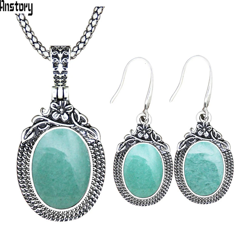 Natural Jade Винтажный комплект из ожерелья и сережек с аметистом, винтажный комплект из натурального камня, кварца, Модный женский комплект TS574 - Окраска металла: Natural Jade