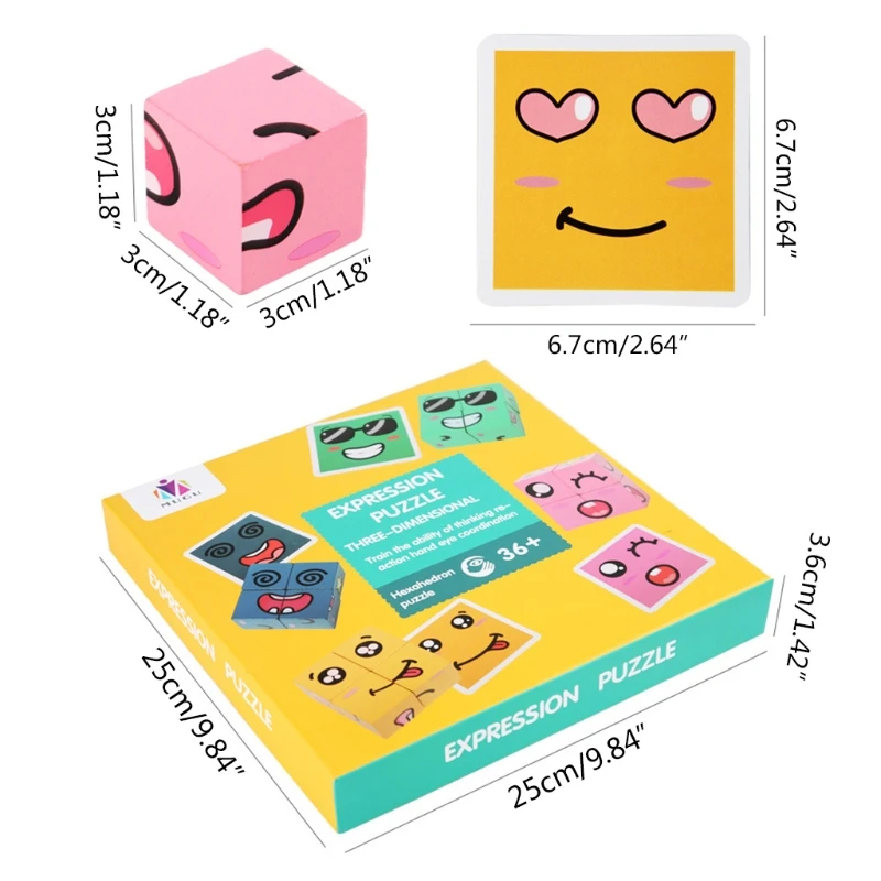 

1Set Montessori Emotional Matching Puzzle Face Changing Cube Tangram Wooden Puzzle with Box Early Learning Gift for Kid G2AE
