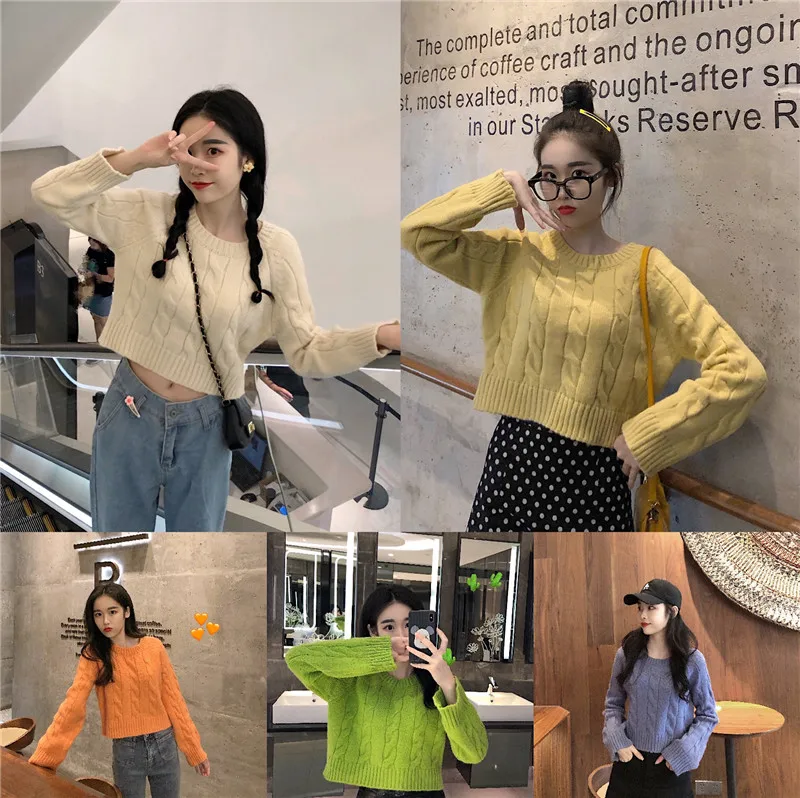 Autumn Winter New Women's Short Pullovers Sweater Twist Knitting Full Sleeve Solid Fashion Vintage Casual Tops T98506D
