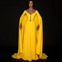muslim luxurious yellow crystal women evening dresses long sleeves with shoulders celebration party gown robe de soir%c3%a9e femme