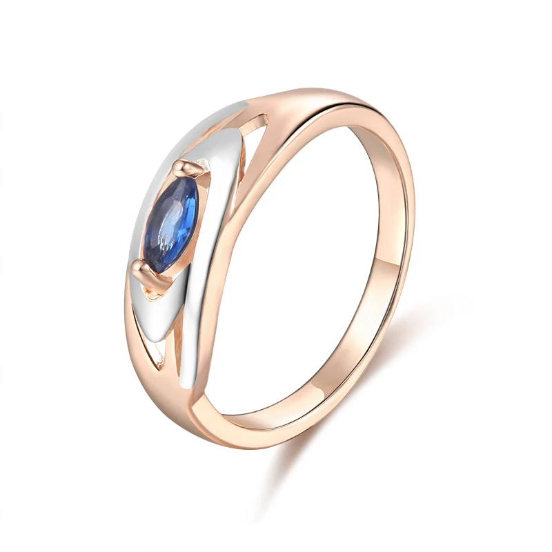 Женское кольцо с голубым камнем FJ цвета розового белого золота 585 пробы шириной 7