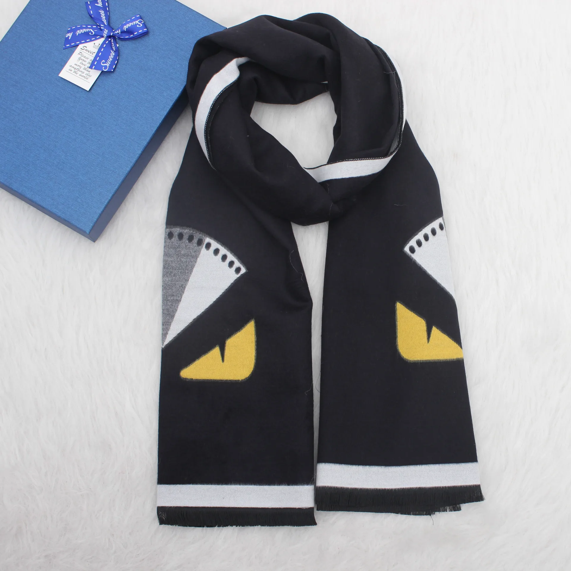 

winter 2019 Europe and America new cute cartoon little monster warm jacquard cashmere like lady scarf,Women's thickened shawl