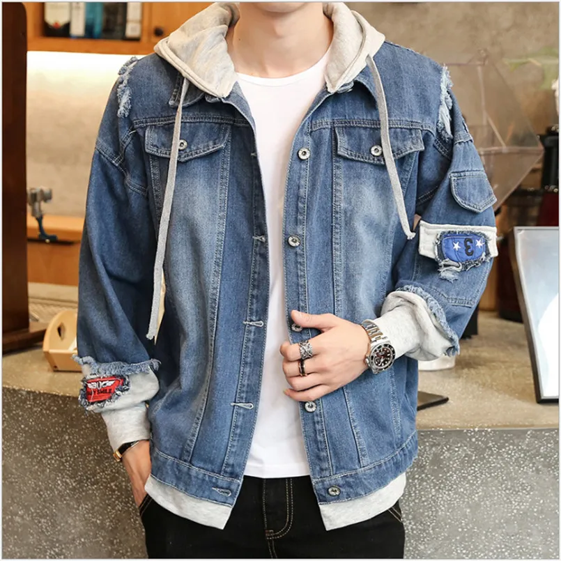 Джинсовые куртки для мужчин сезон весна-Зима 2019 мужские с капюшоном джинсы