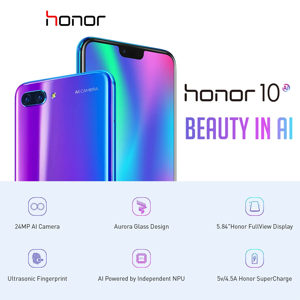 Мобильный телефон Honor 10 с глобальной версией, 5,84 дюймов, FHD+ 4 Гб+ 128 ГБ, Восьмиядерный процессор Kirin 970, Android 8,1, 24 МП, смартфон с функцией распознавания лица, NFC, 3400 мАч